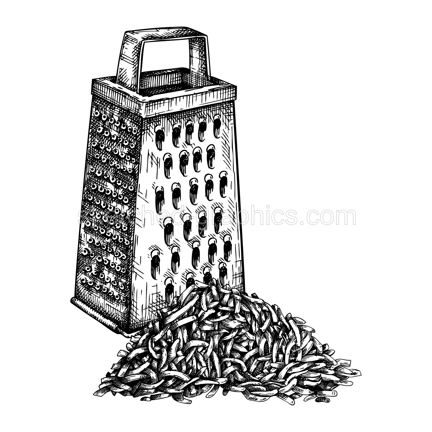 Grater and grated cheese hand drawn illustrations. Food design elements. Vector sketches. Kitchenware in engraved style. Dairy products drawings for menu, store,  banners, packaging design. Illustration